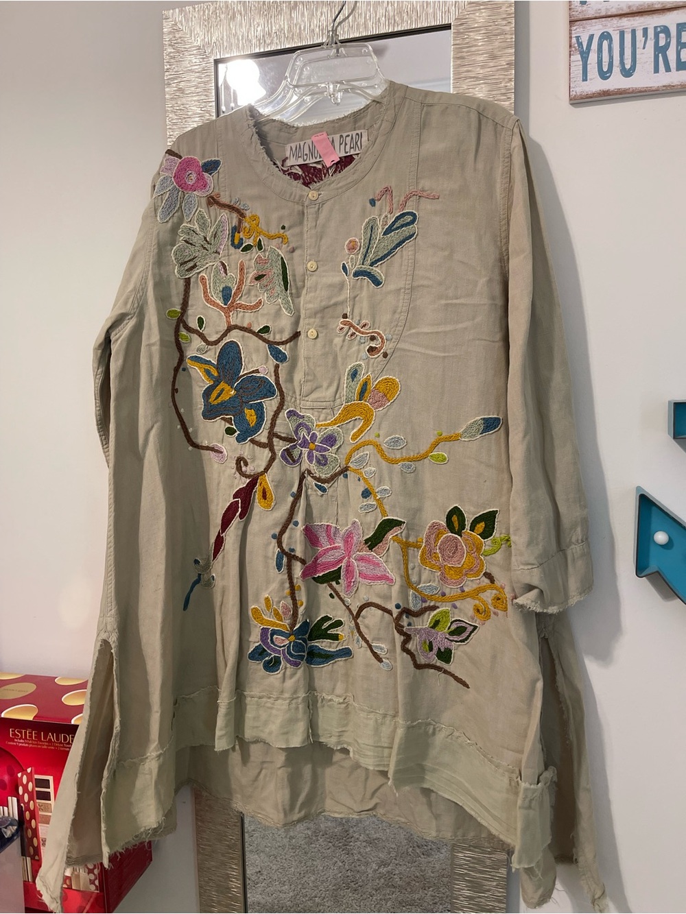 Magnolia Pearl Gypsy Johnny Tunic in Agave with Multicolor Floral Embroidery